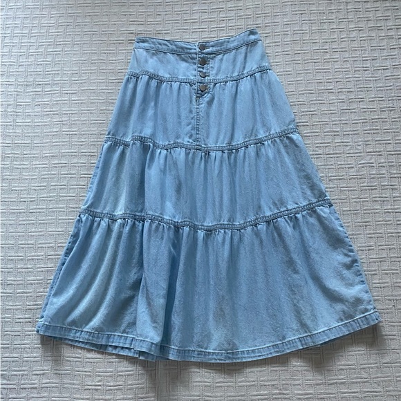 Love, Fire denim tiered midi skirt. - Picture 1 of 9